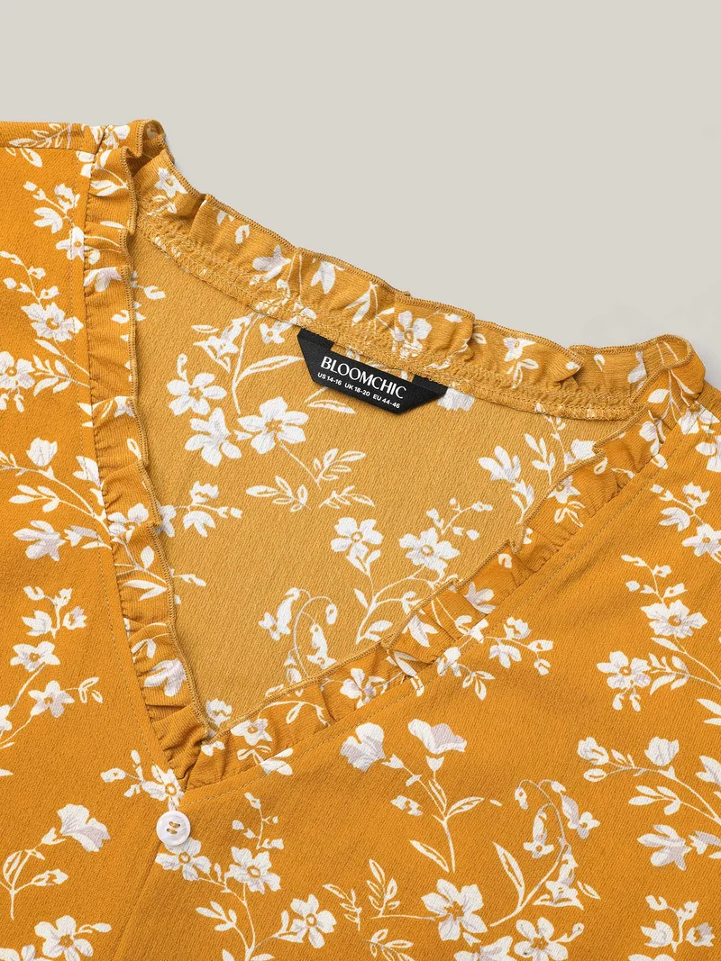 Floral Print V-Neck Ruffled Shirt