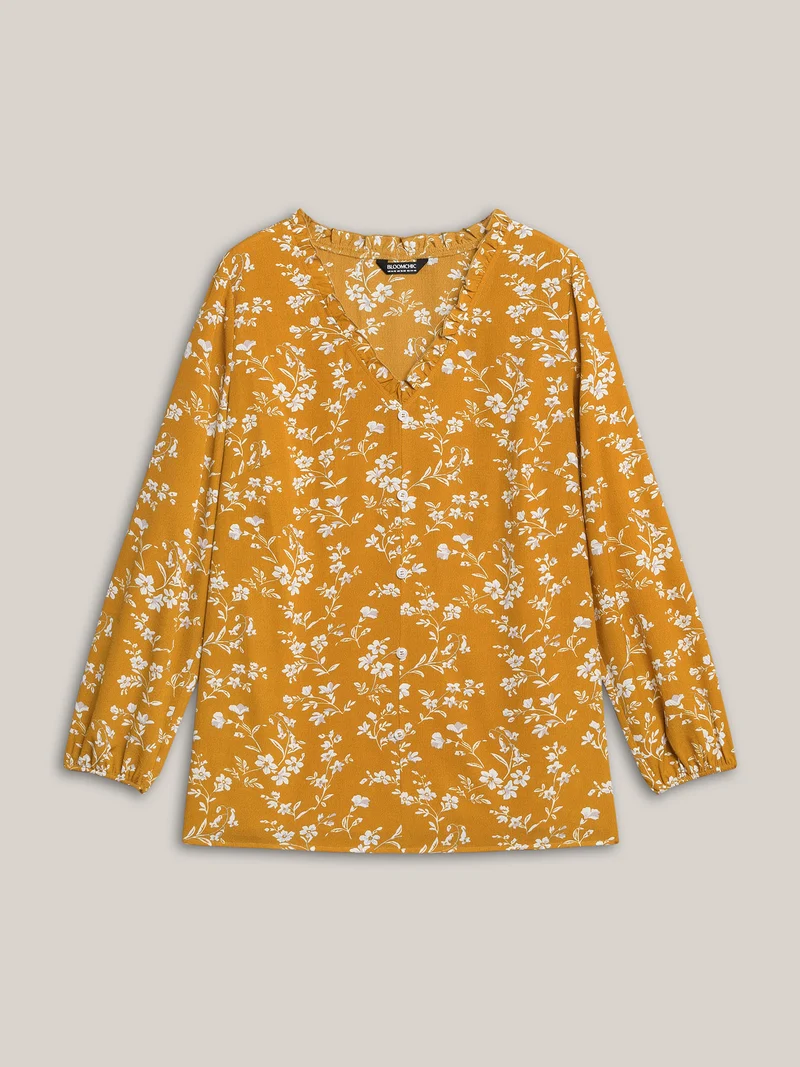 Floral Print V-Neck Ruffled Shirt