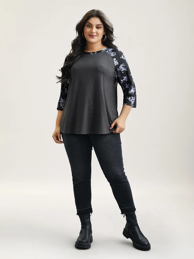 Floral Sleeve Round Neck Flared T-Shirt