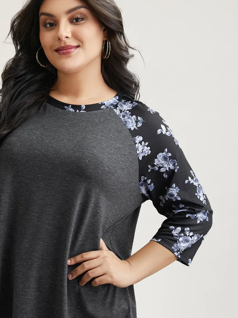 Floral Sleeve Round Neck Flared T-Shirt