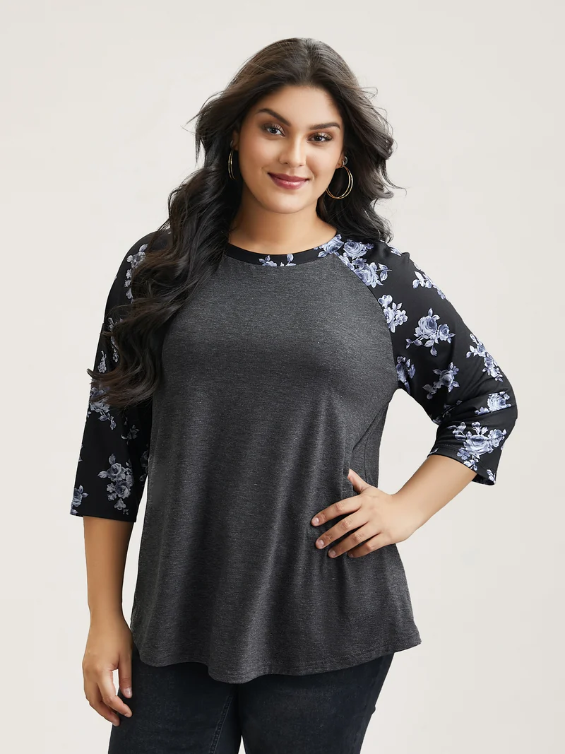 Floral Sleeve Round Neck Flared T-Shirt