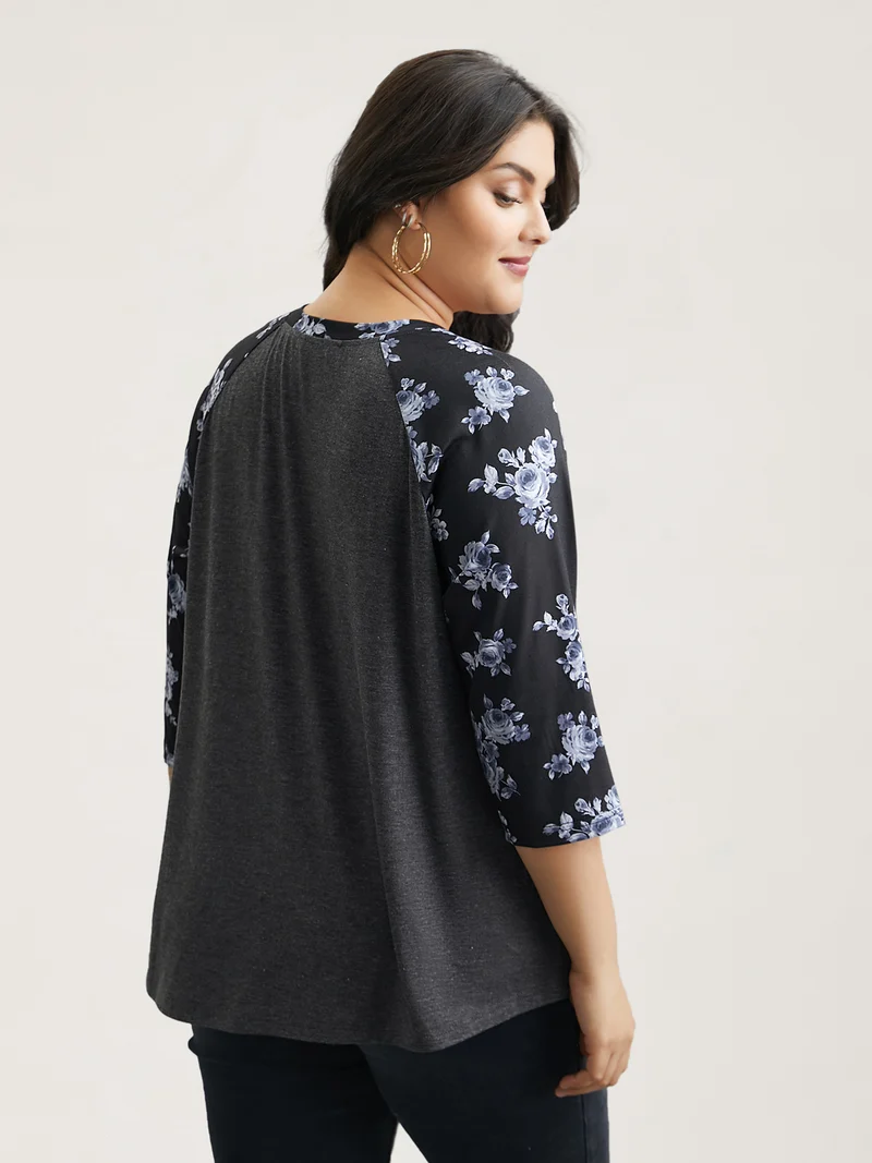 Floral Sleeve Round Neck Flared T-Shirt