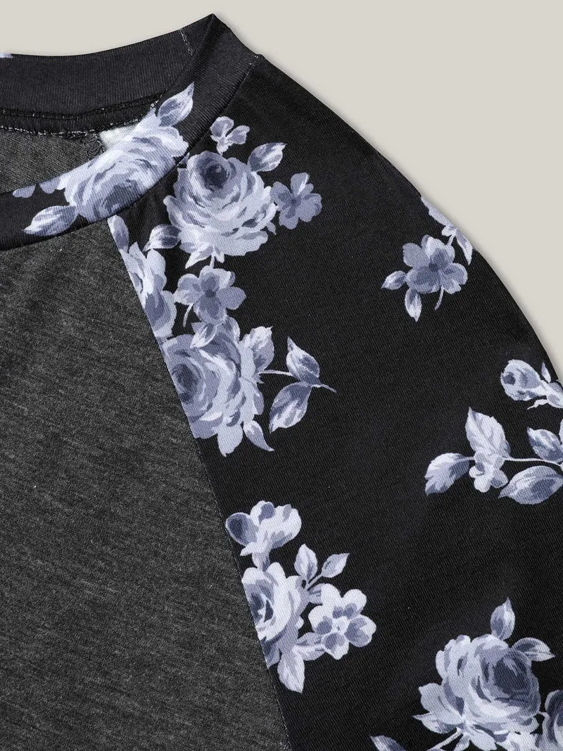 Floral Sleeve Round Neck Flared T-Shirt