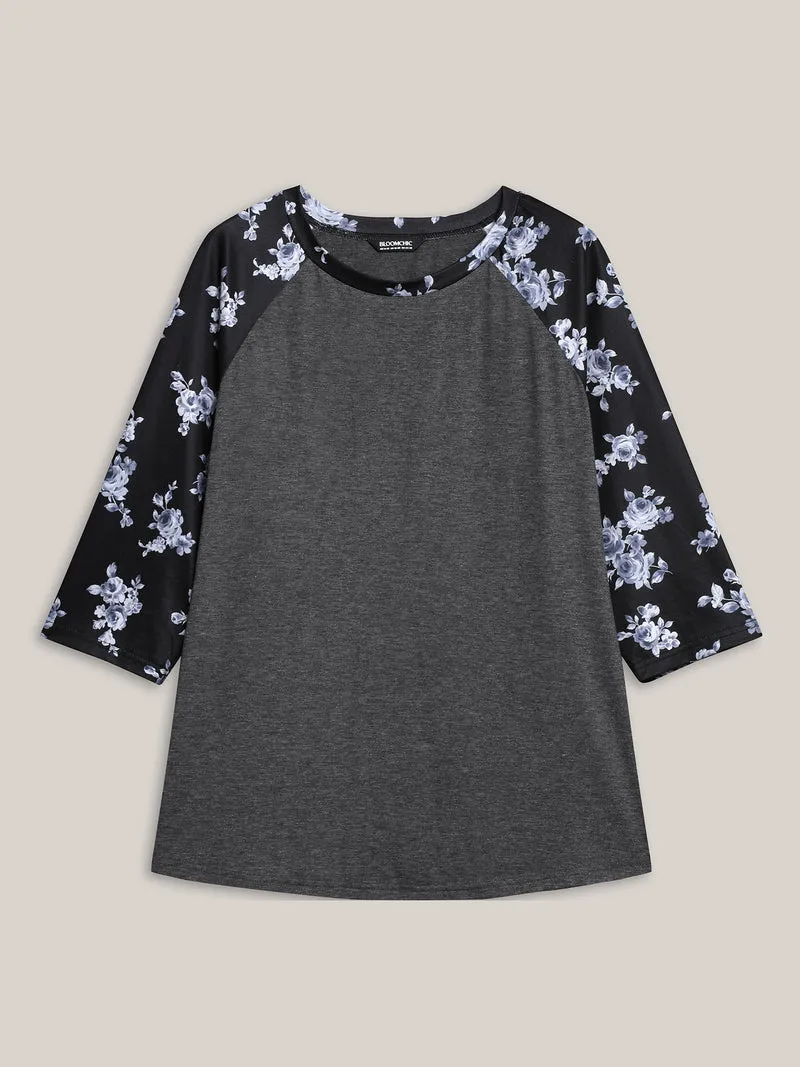 Floral Sleeve Round Neck Flared T-Shirt