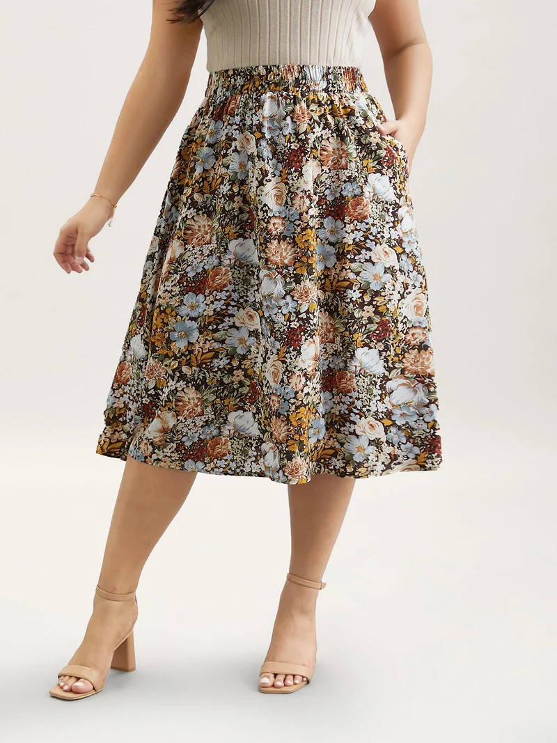 Floral Print Stretchy-Waist Midi Skirt