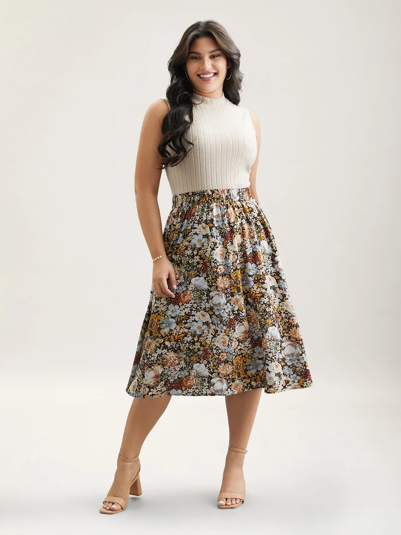 Floral Print Stretchy-Waist Midi Skirt