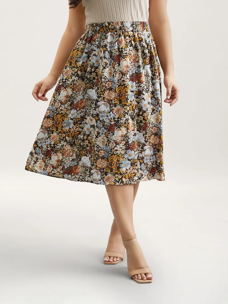 Floral Print Stretchy-Waist Midi Skirt