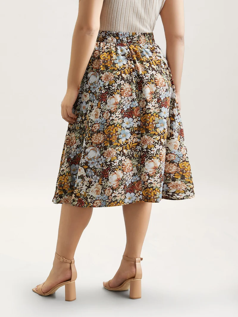 Floral Print Stretchy-Waist Midi Skirt
