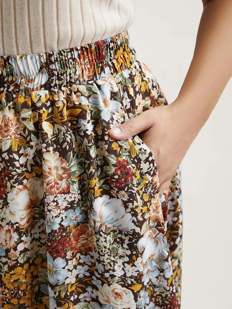 Floral Print Stretchy-Waist Midi Skirt