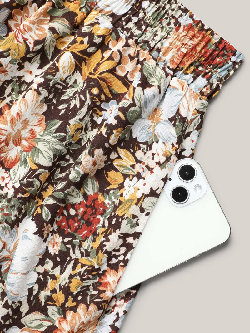 Floral Print Stretchy-Waist Midi Skirt