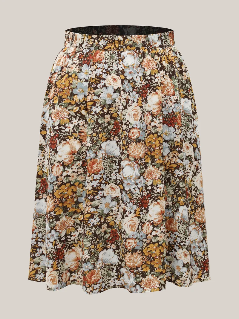 Floral Print Stretchy-Waist Midi Skirt