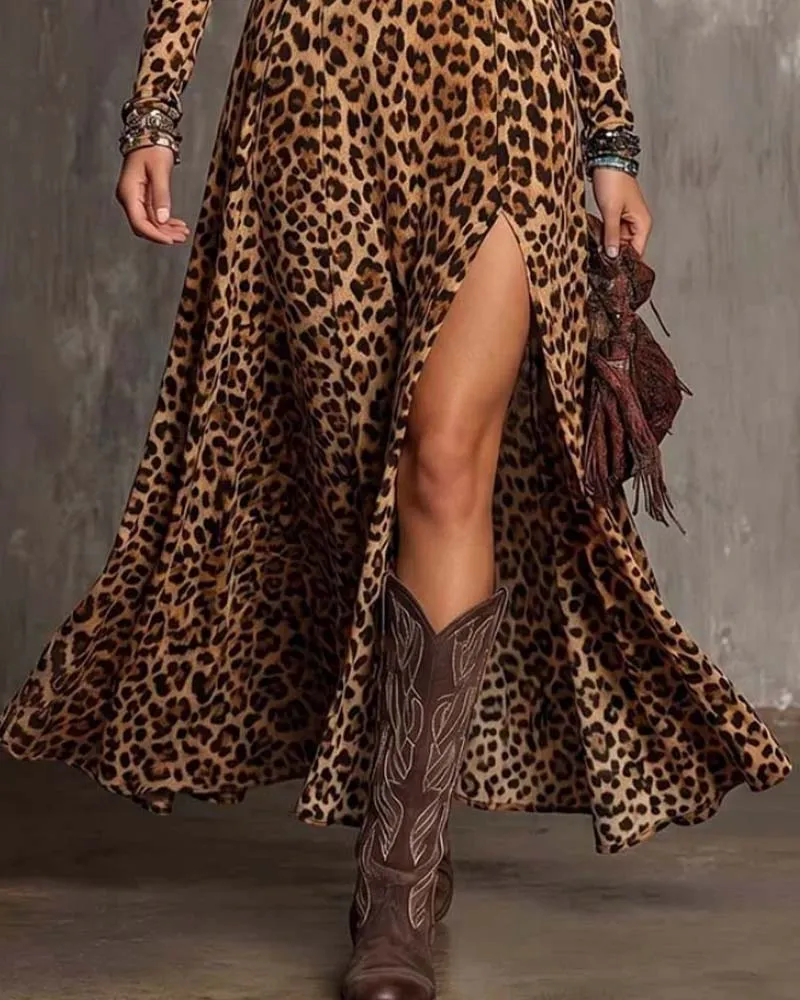 Robe Imprimé Léopard Col En V Avec Fente