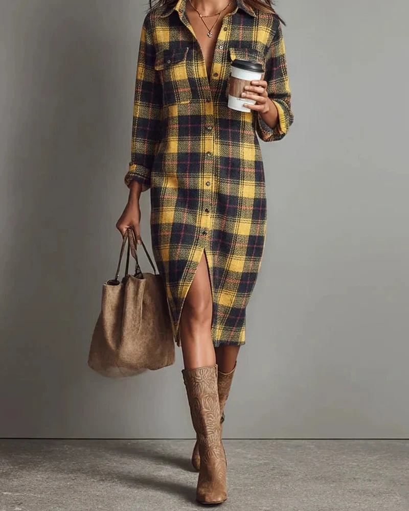 Robe Col Chemise Carreau Manche Longue