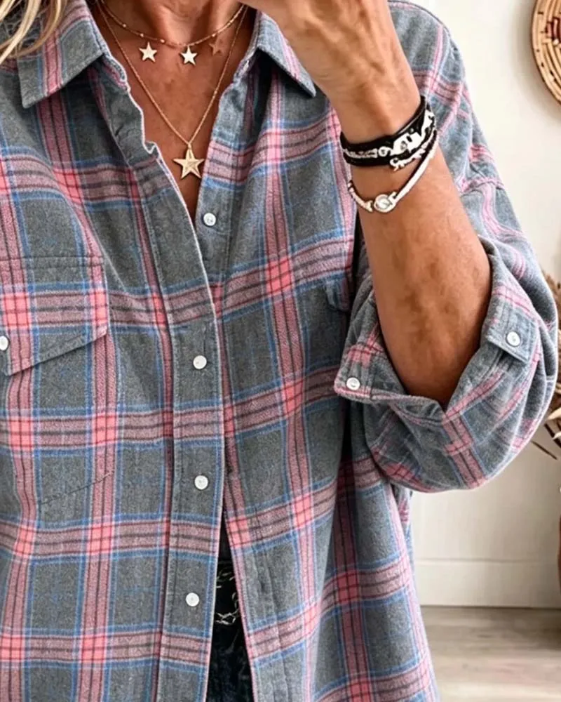 Chemise Poche À Carreaux Manches Longues Lâche