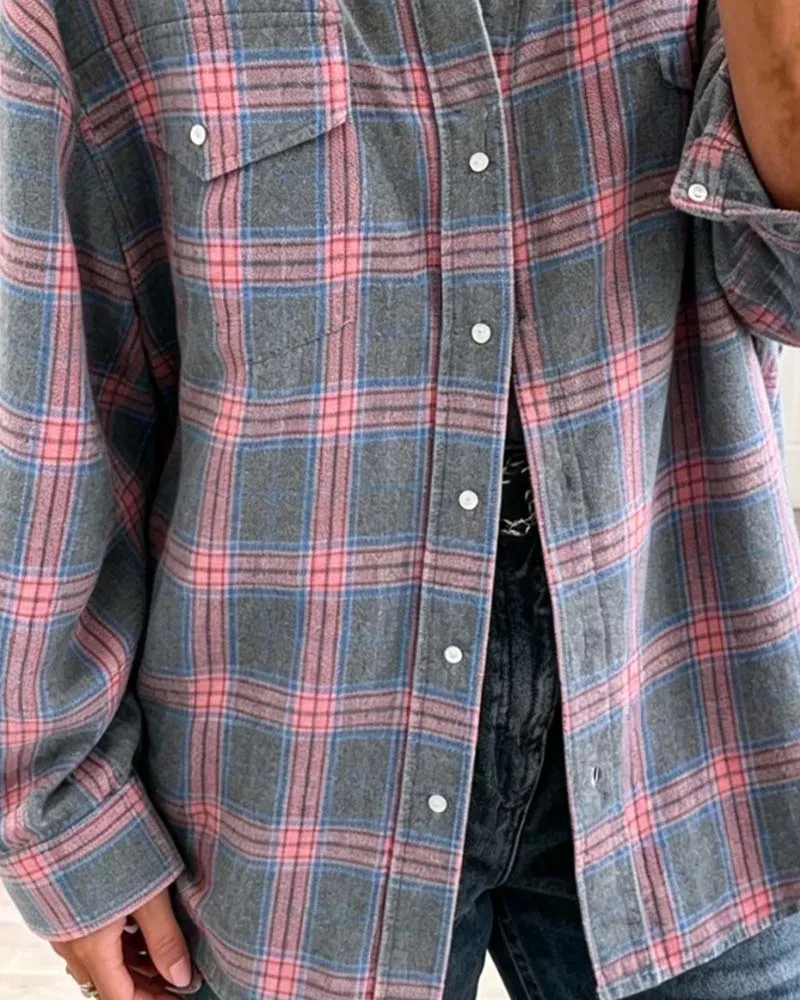 Chemise Poche À Carreaux Manches Longues Lâche