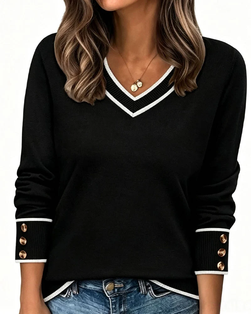 Pullover À Col En V Et Boutons De Contraste