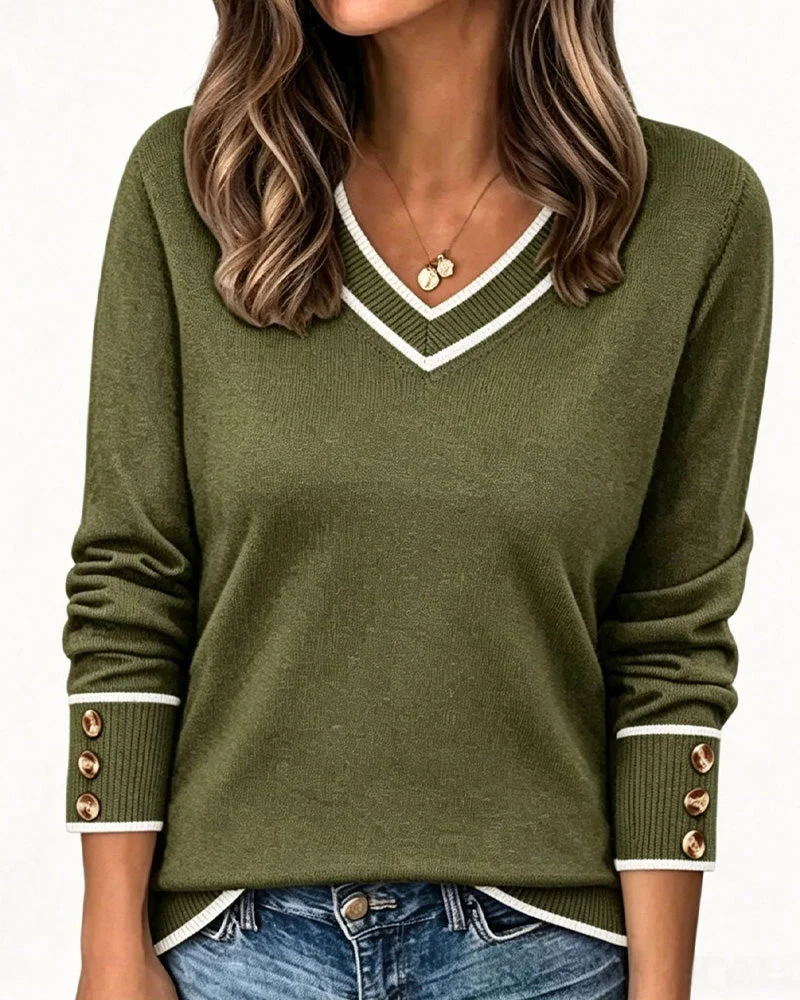 Pullover À Col En V Et Boutons De Contraste