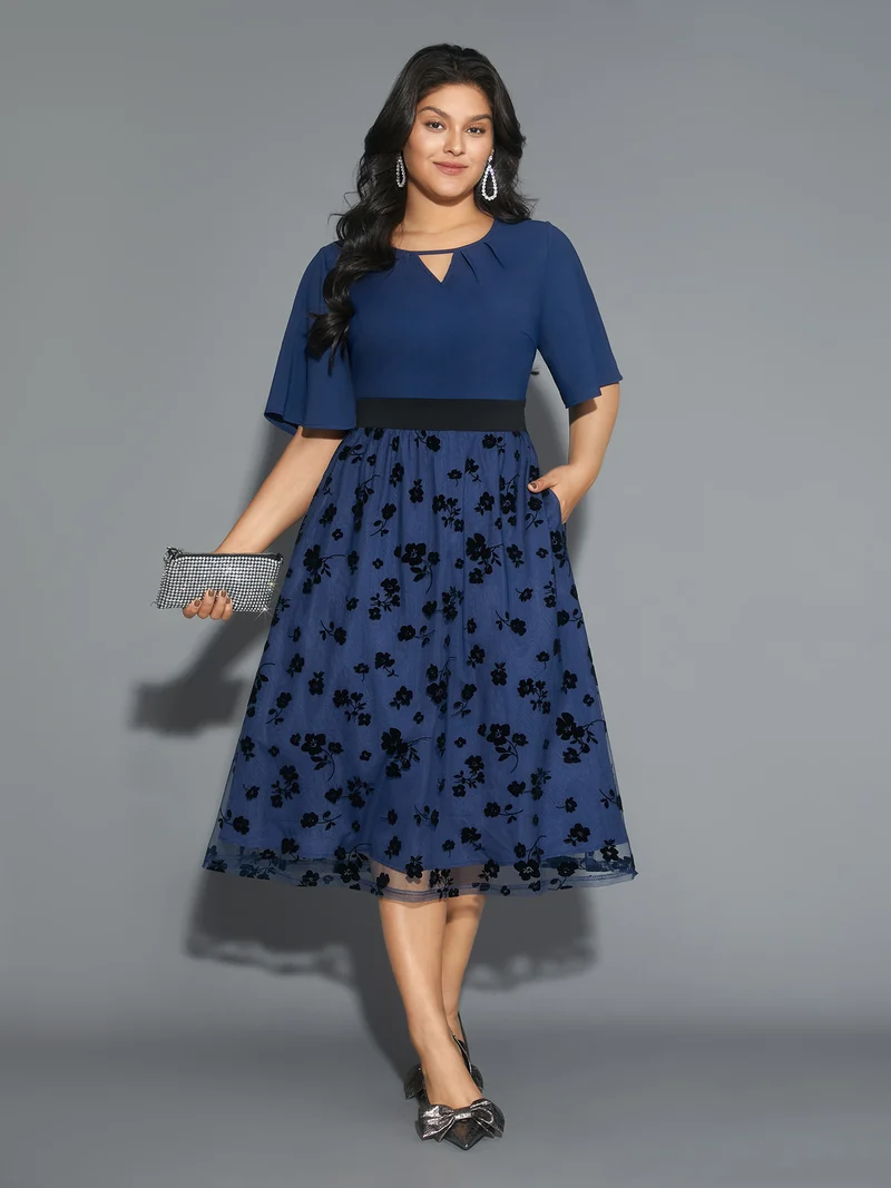 Floral Embroidered Mesh keyhole Dress