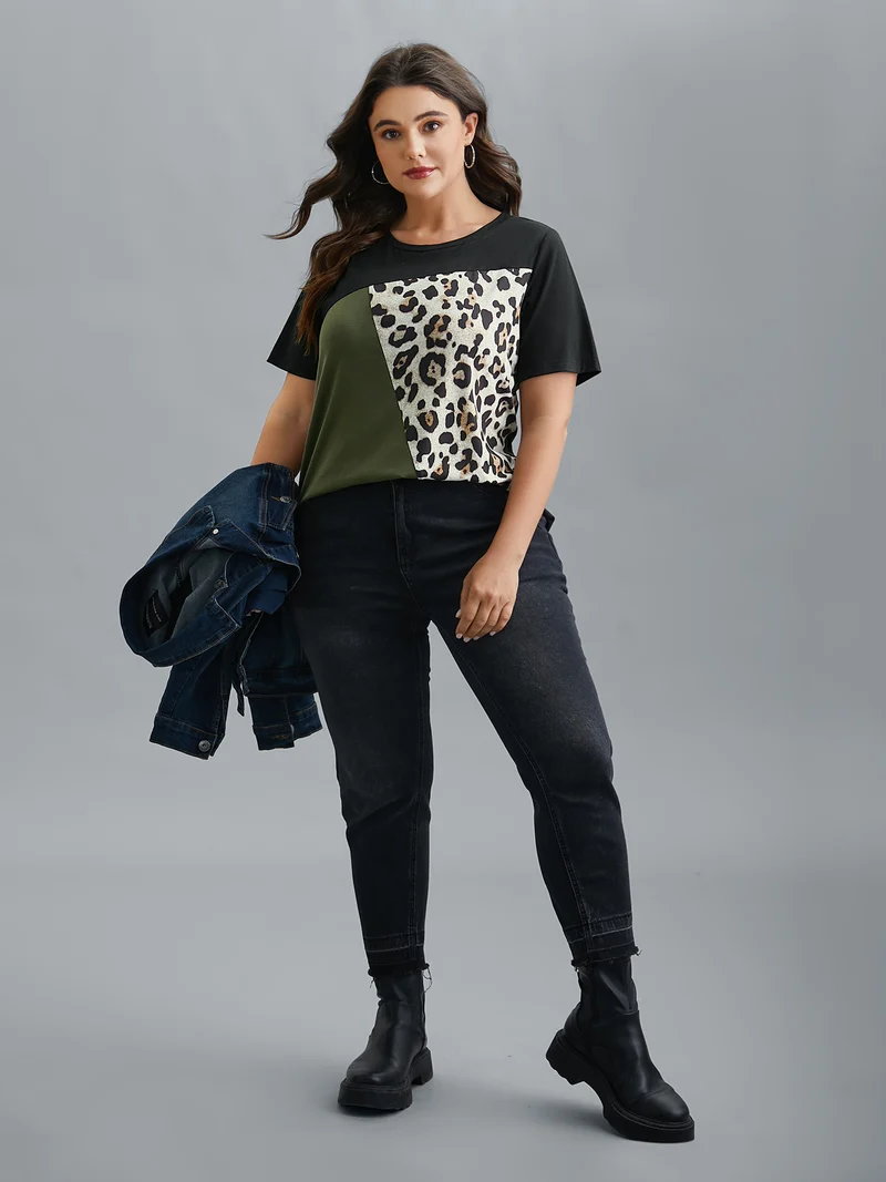 Leopard Print Contrast Patchwork Fitted T-Shirt