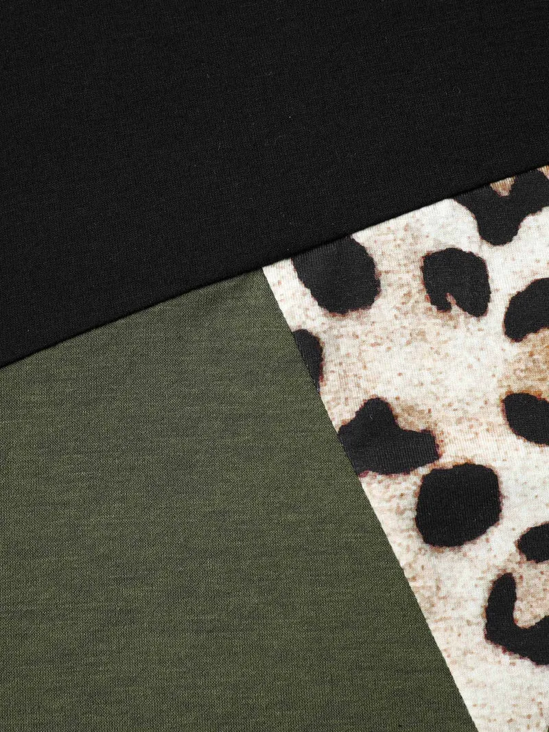 Leopard Print Contrast Patchwork Fitted T-Shirt