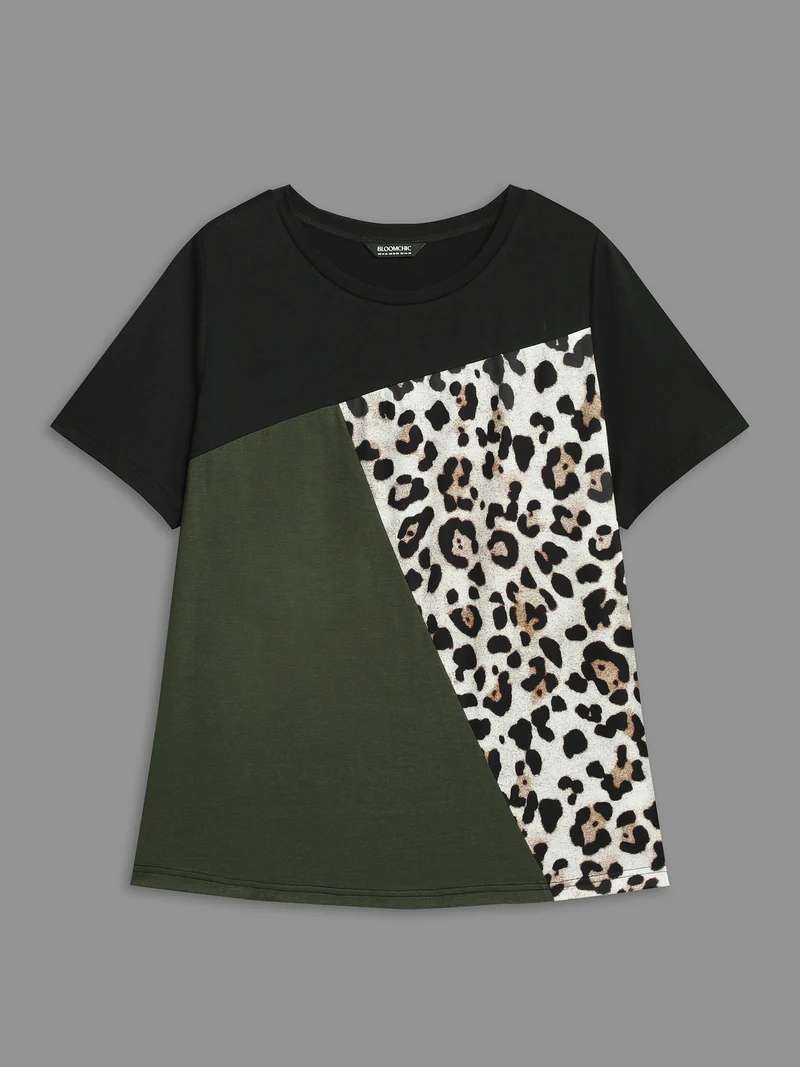 Leopard Print Contrast Patchwork Fitted T-Shirt