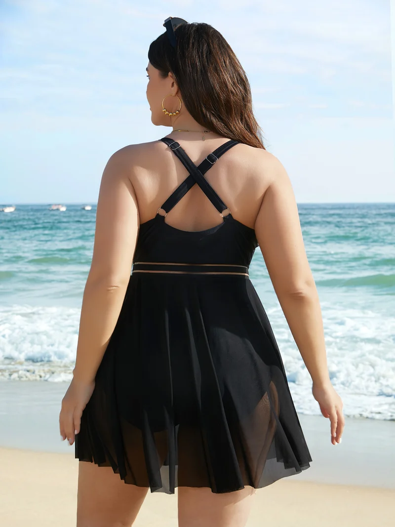 Solid Gathered See Through Slit Swim Dress