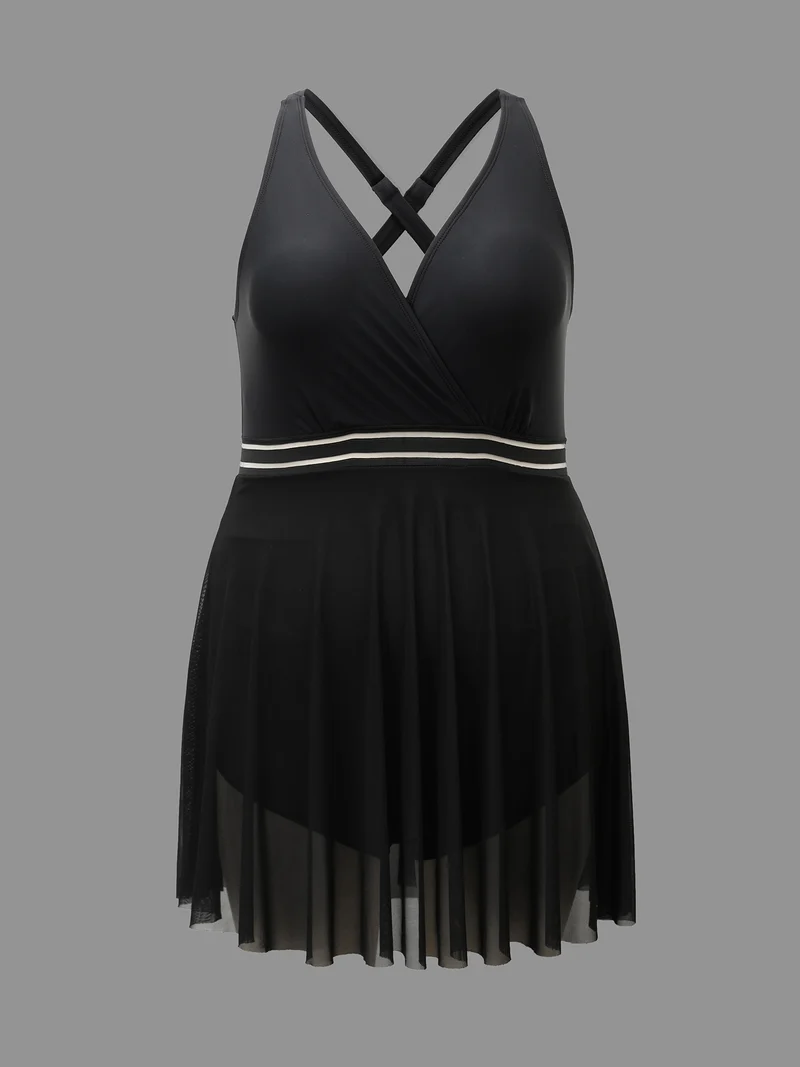 Solid Gathered See Through Slit Swim Dress