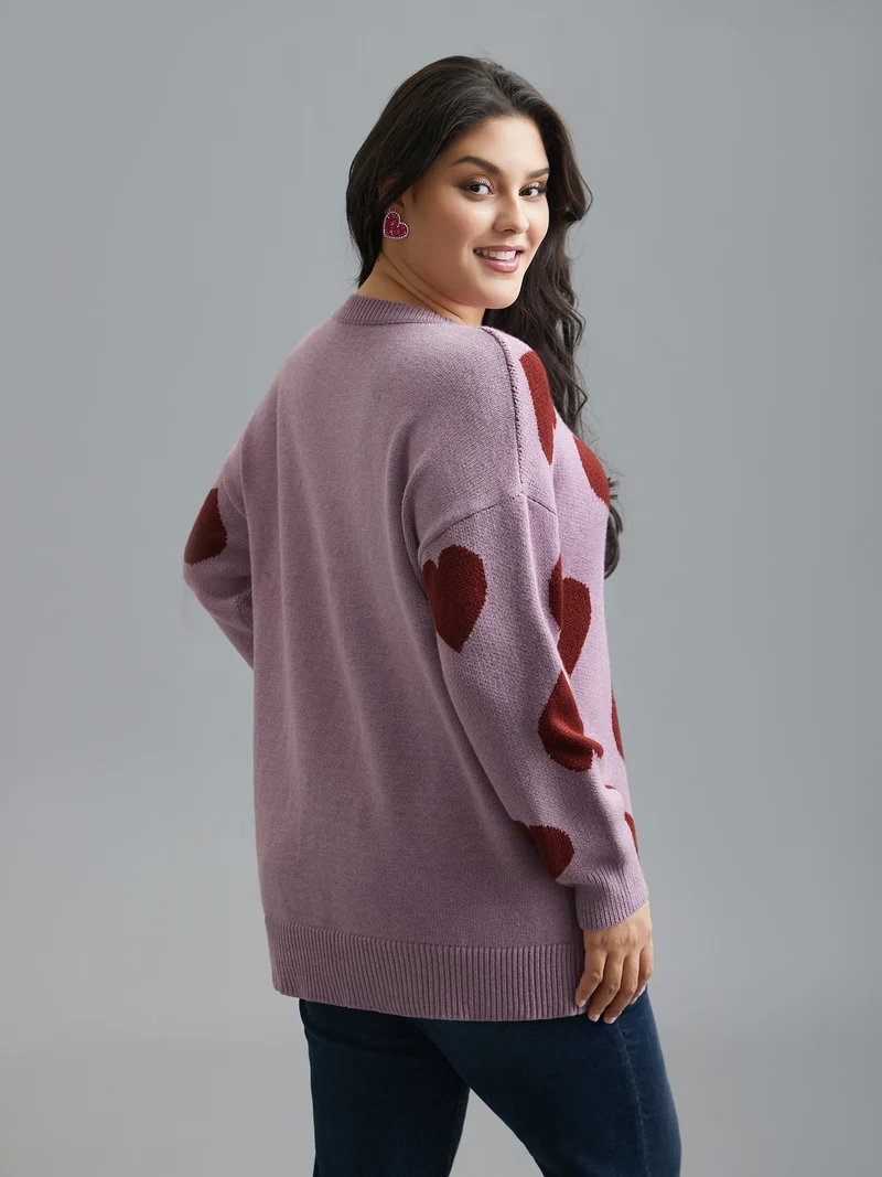 Round Neck Contrast Heart Jacquard Pullover