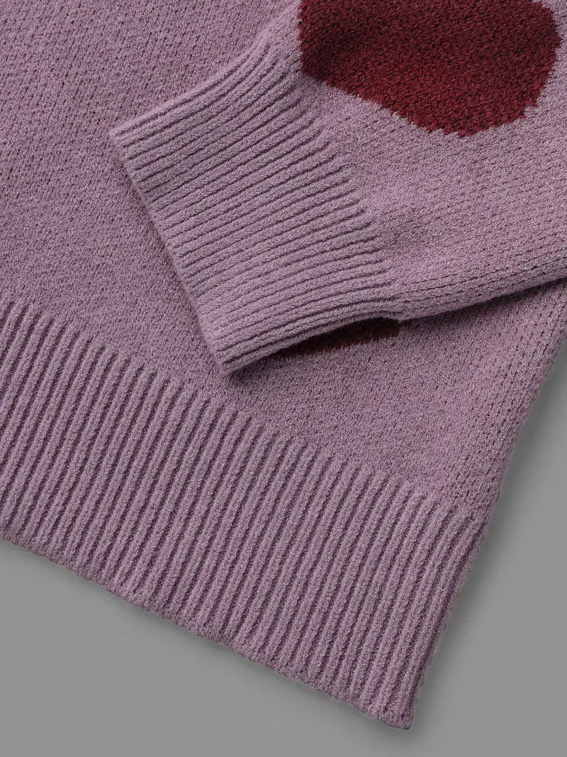 Round Neck Contrast Heart Jacquard Pullover