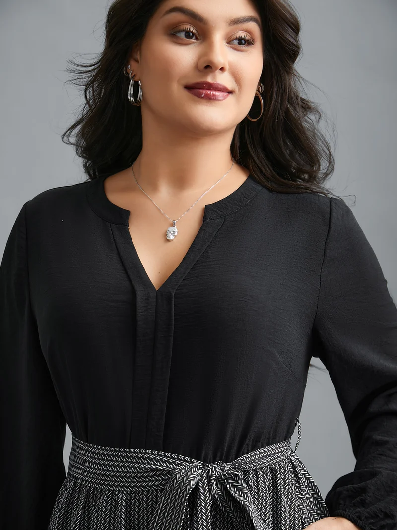 Notched Collar Color Block Waist Tie Dress
