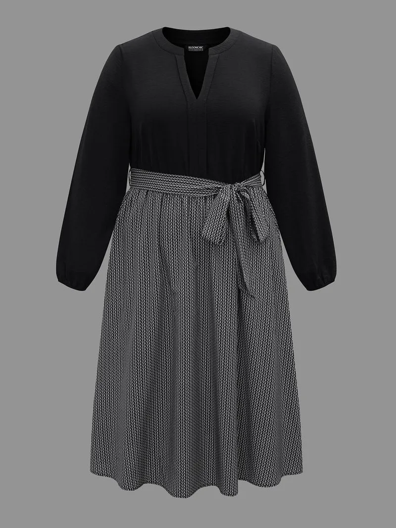 Notched Collar Color Block Waist Tie Dress