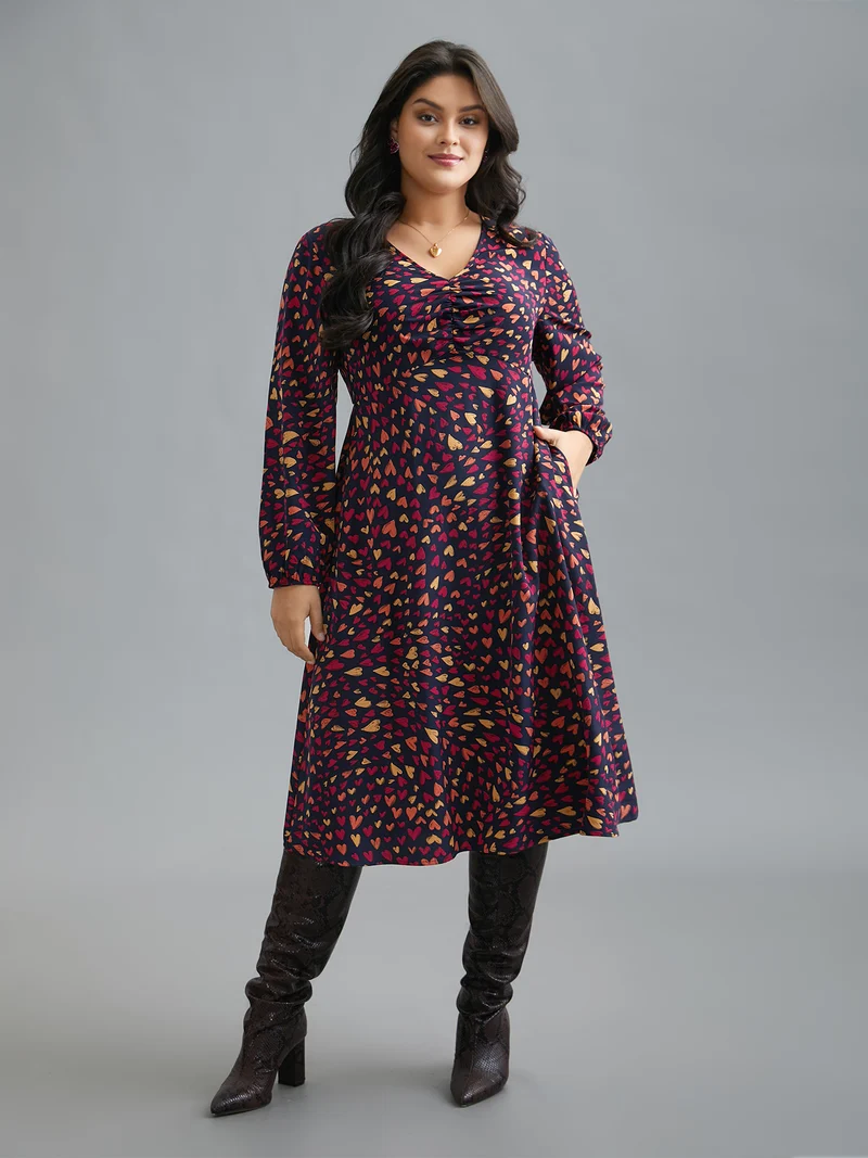 Multi-Color Hearts Pattern Stretchy Waist Dress