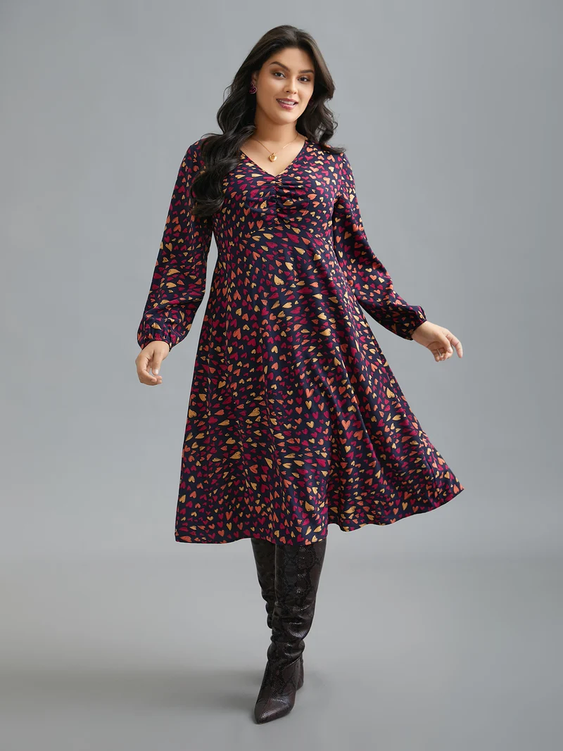 Multi-Color Hearts Pattern Stretchy Waist Dress