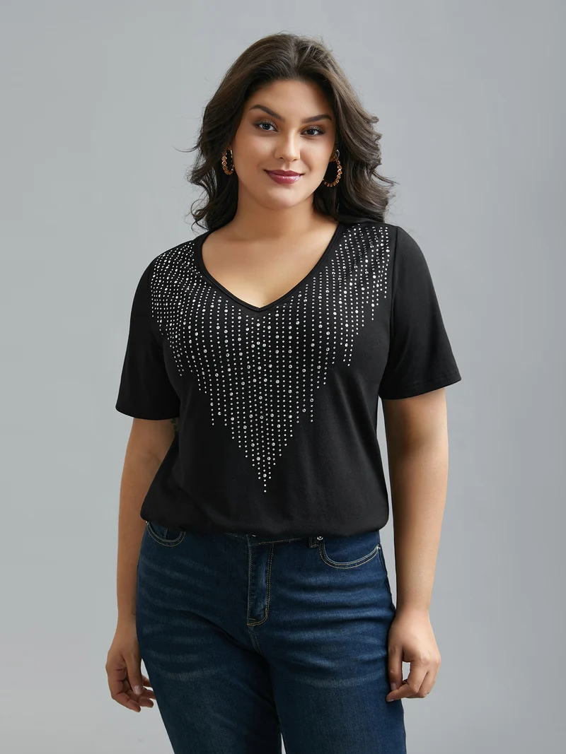 V-Neck Rhinestone Stretchy T-Shirt