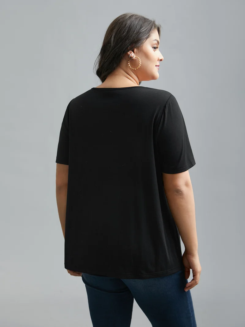 V-Neck Rhinestone Stretchy T-Shirt