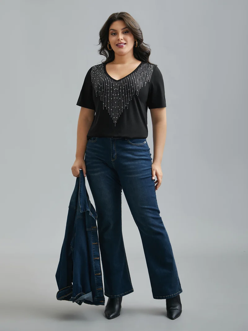 V-Neck Rhinestone Stretchy T-Shirt
