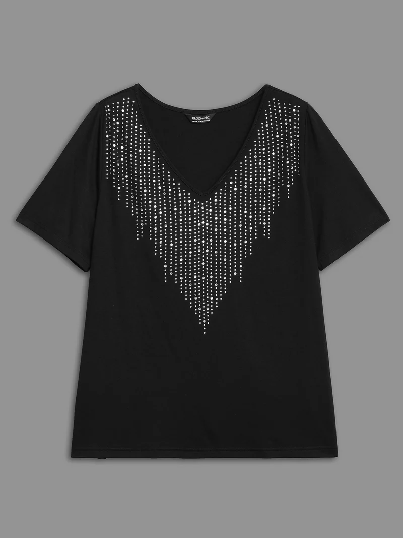 V-Neck Rhinestone Stretchy T-Shirt