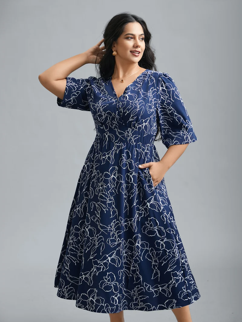 Surplice Neck Abstract Print Fit Midi Dress