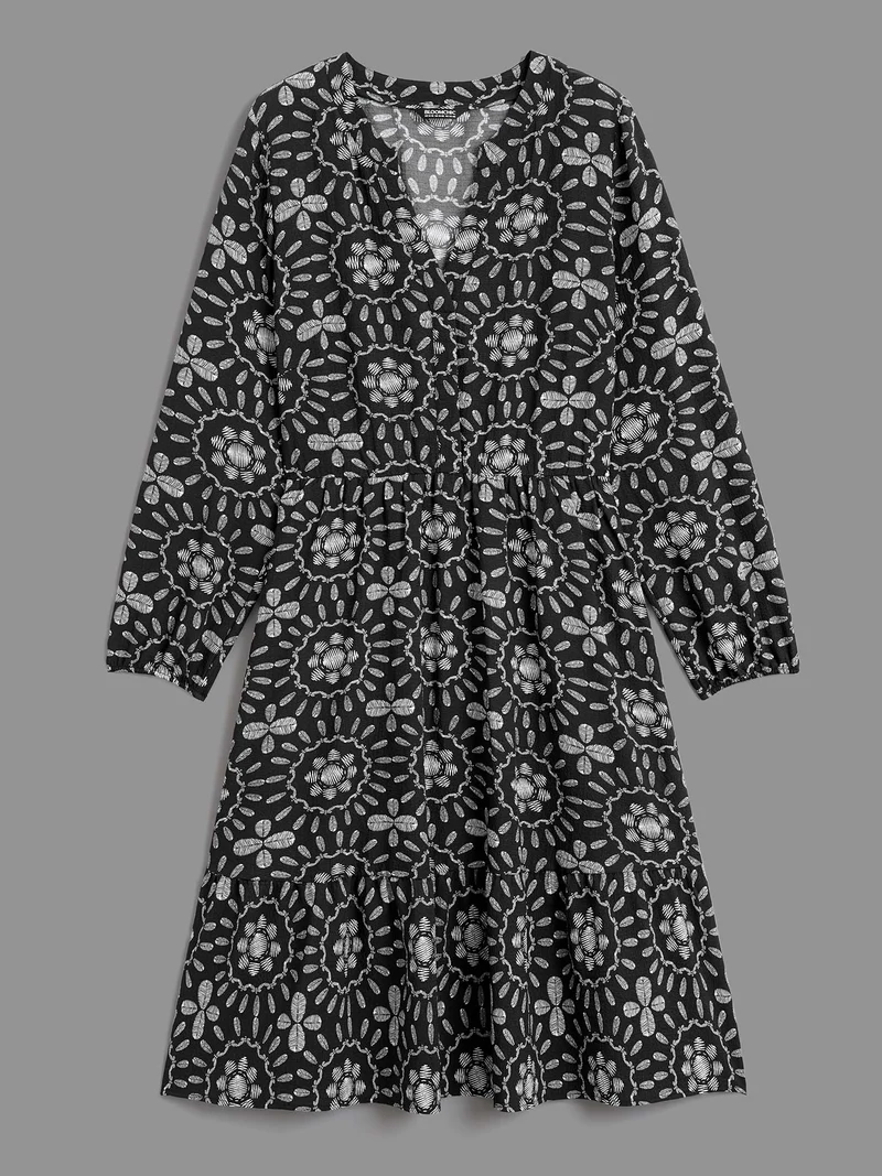 Notched Collar Print Tiered Midi Dress