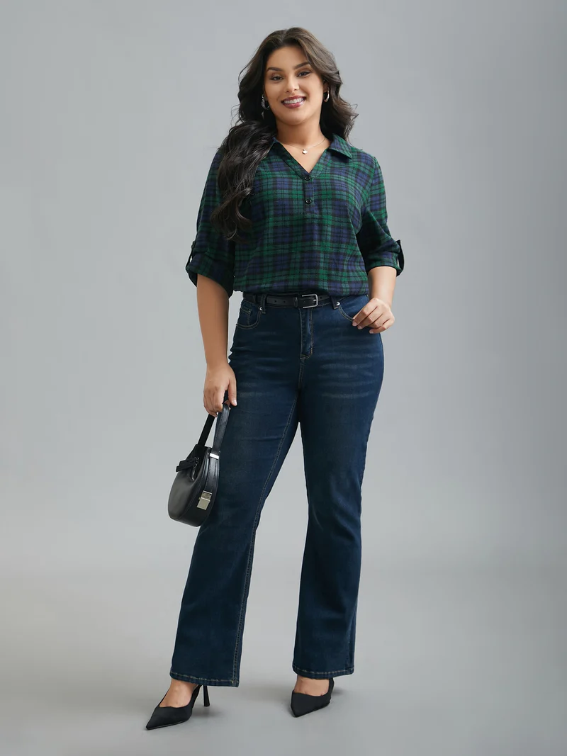 Plaid Print Tab Sleeve Blouse