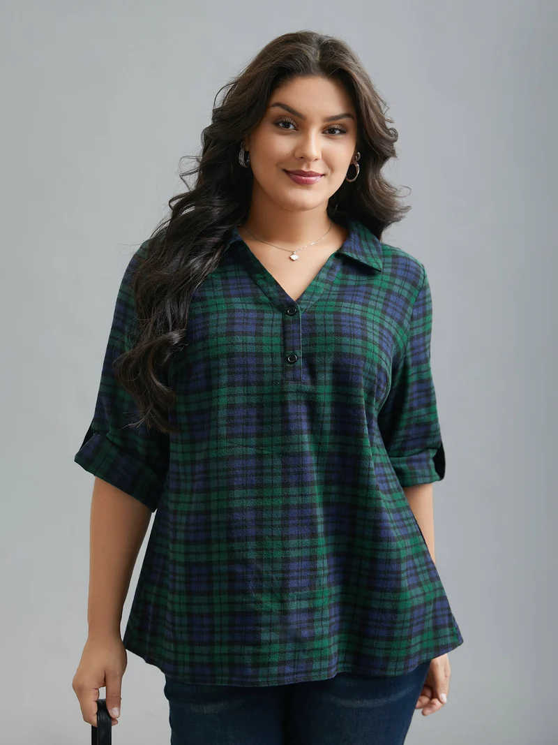 Plaid Print Tab Sleeve Blouse