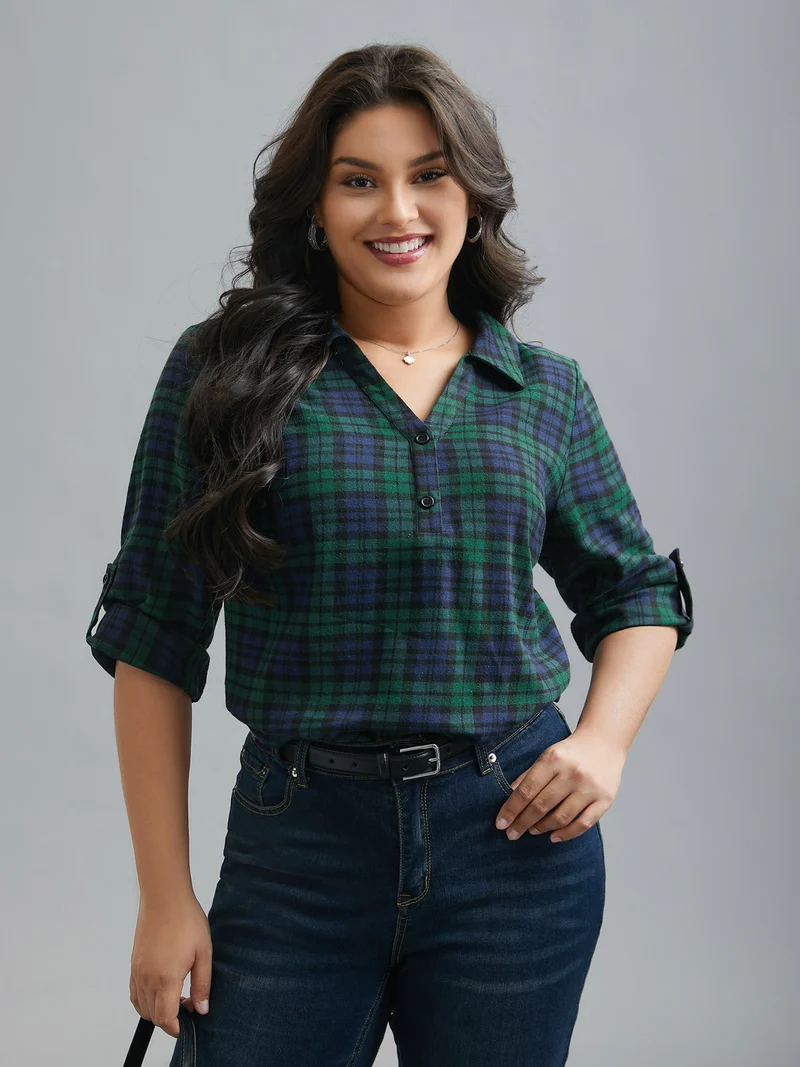 Plaid Print Tab Sleeve Blouse