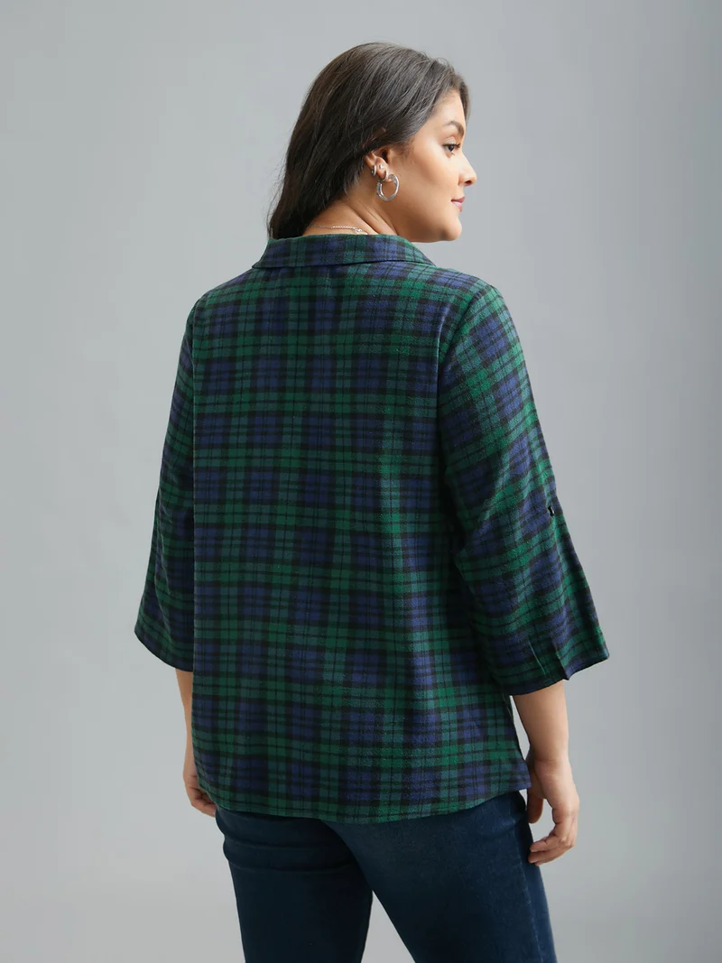 Plaid Print Tab Sleeve Blouse