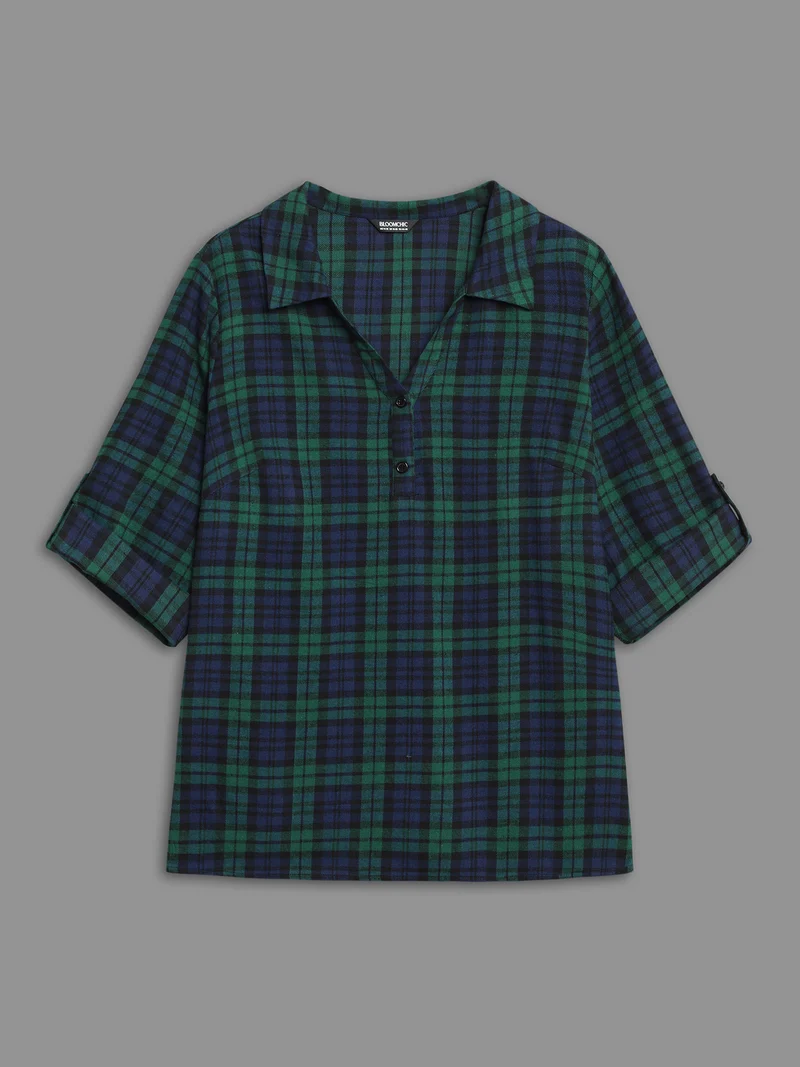 Plaid Print Tab Sleeve Blouse