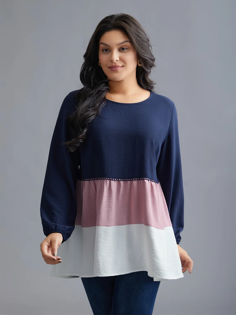 Color Contrast High Low Hem Patchwork Blouse