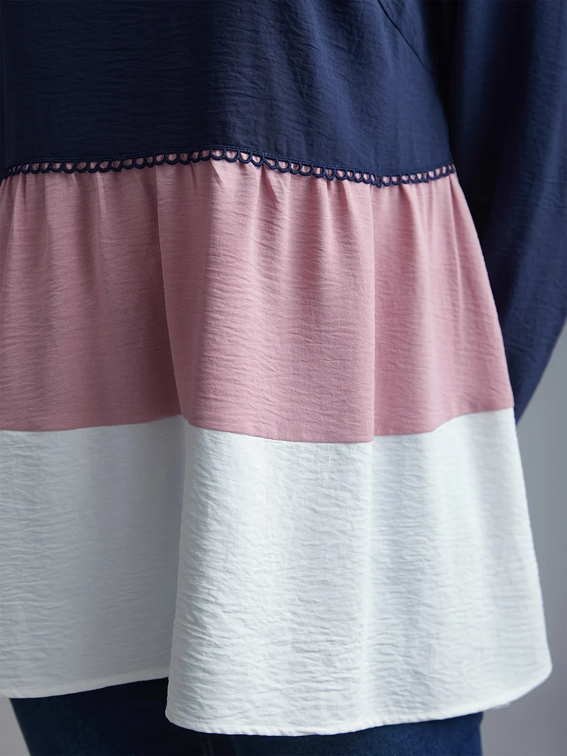 Color Contrast High Low Hem Patchwork Blouse