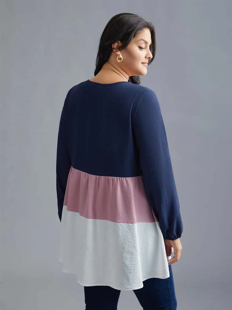 Color Contrast High Low Hem Patchwork Blouse