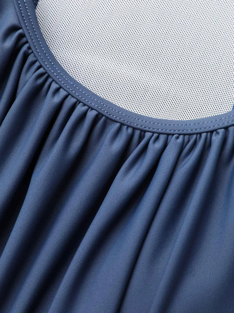 U Neck Solid Gathered Gathered Swim Top