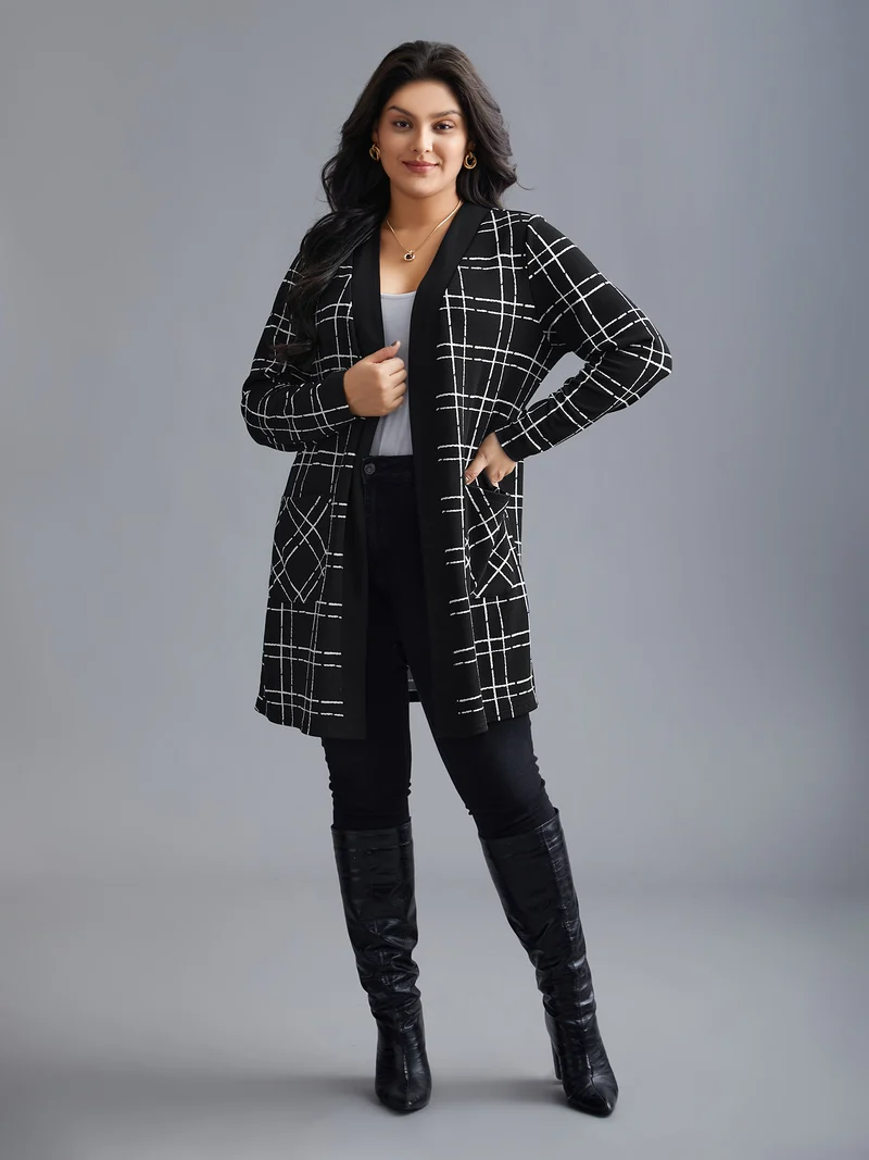 Plaid Open Front Patchwork Jacket