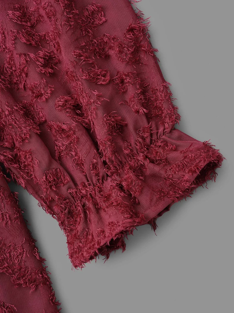 Round Neck Jacquard Plisse Ruched Blouse